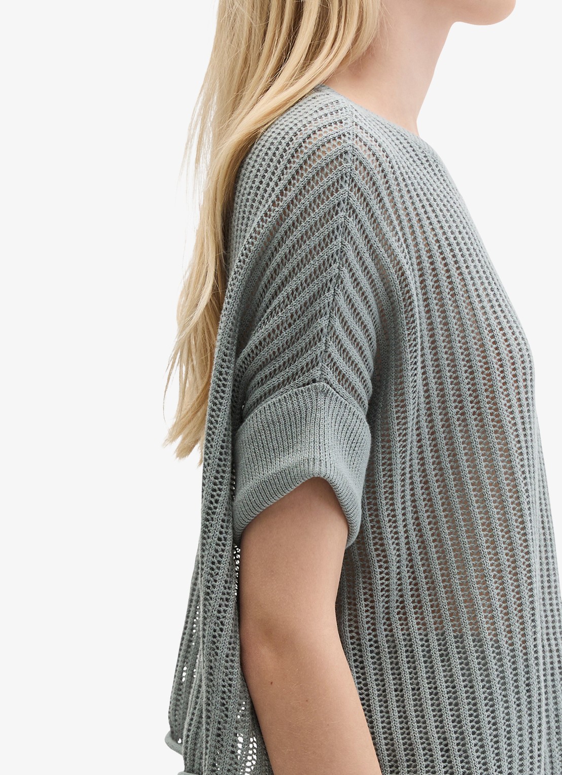 Marc O'Polo Grofgebreid trui in linnenblend met ribstructuur - detail 3 quiet sea-0639 / blauw
