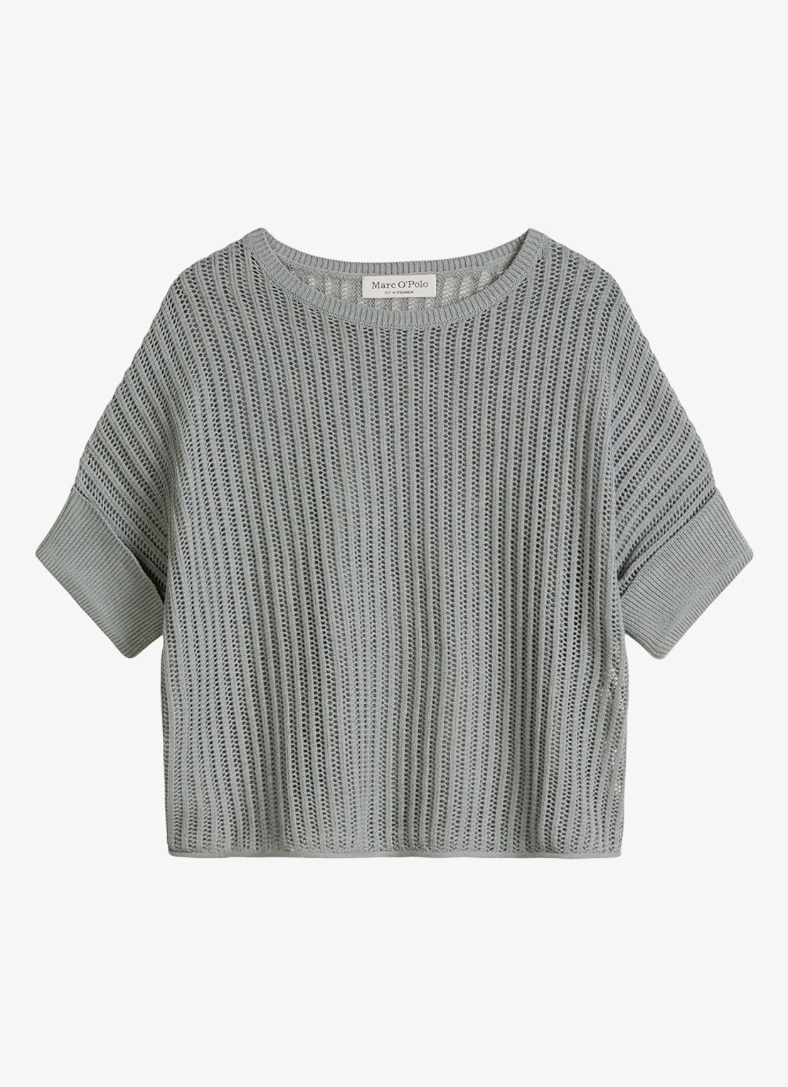 Marc O'Polo Grofgebreid trui in linnenblend met ribstructuur - voorkant 4 quiet sea-0639 / blauw
