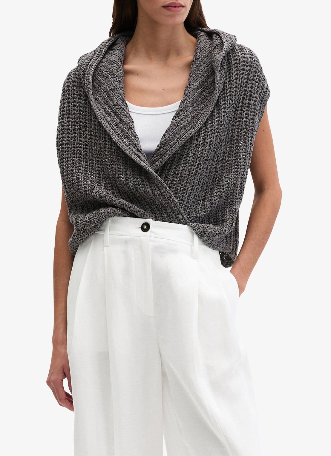Marc O'Polo Grofgebreid vest met capuchon - detail oxide grey-0364 / grijs