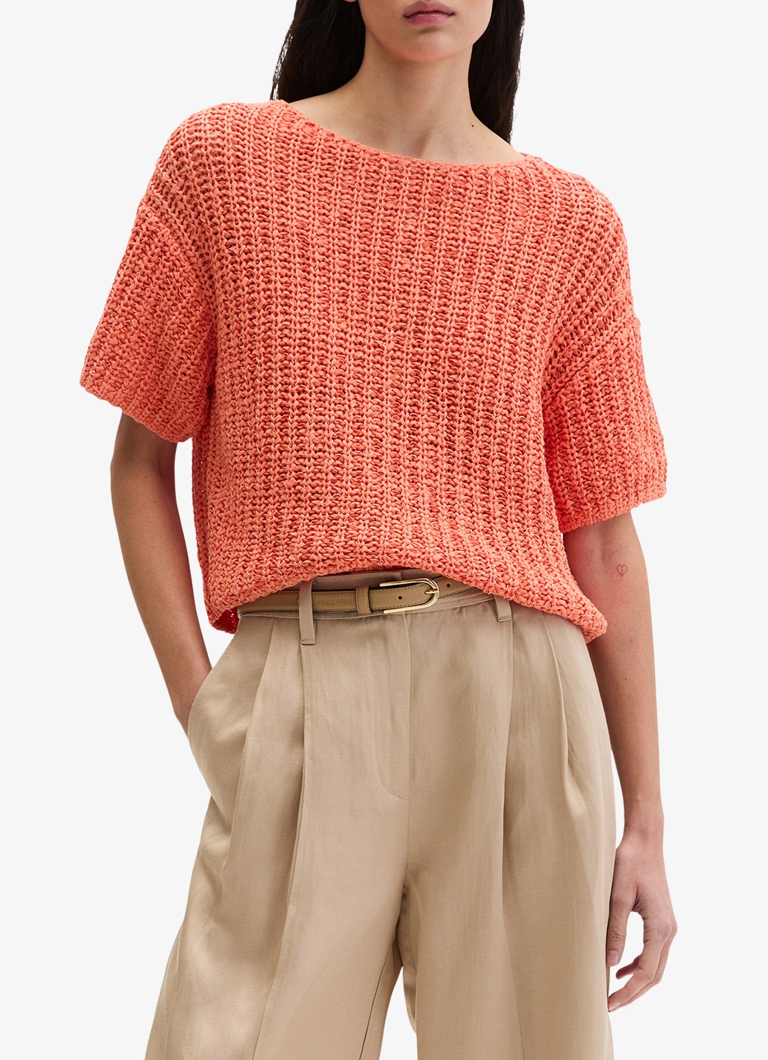 Marc O'Polo Grofgebreide trui met ronde hals - detail 2 warm orange-9326 / oranje