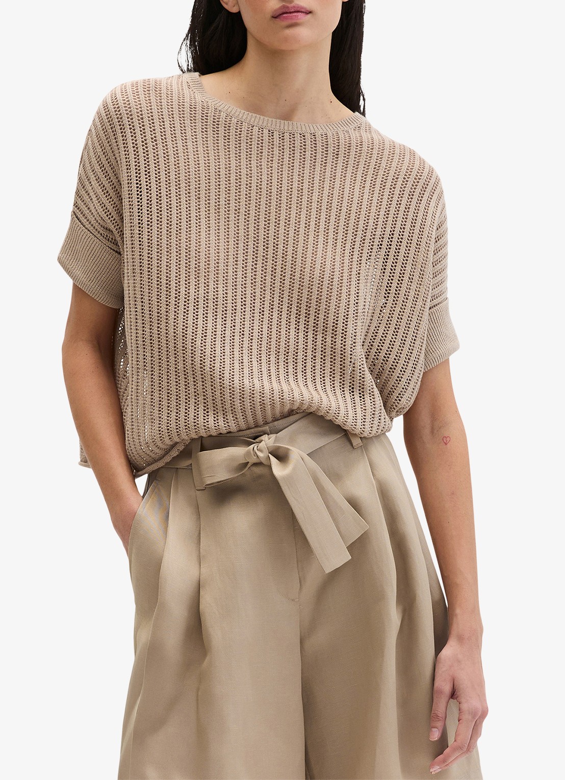 Marc O'Polo Grofgebreide trui met ronde hals - detail sandpaper-2326 / beige