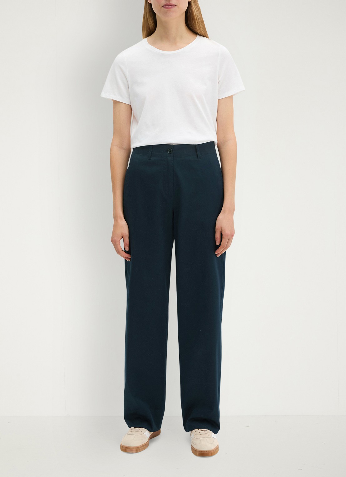 Marc O'Polo High waist straight fit pantalon met steekzakken - voorkant 3 donkerblauw