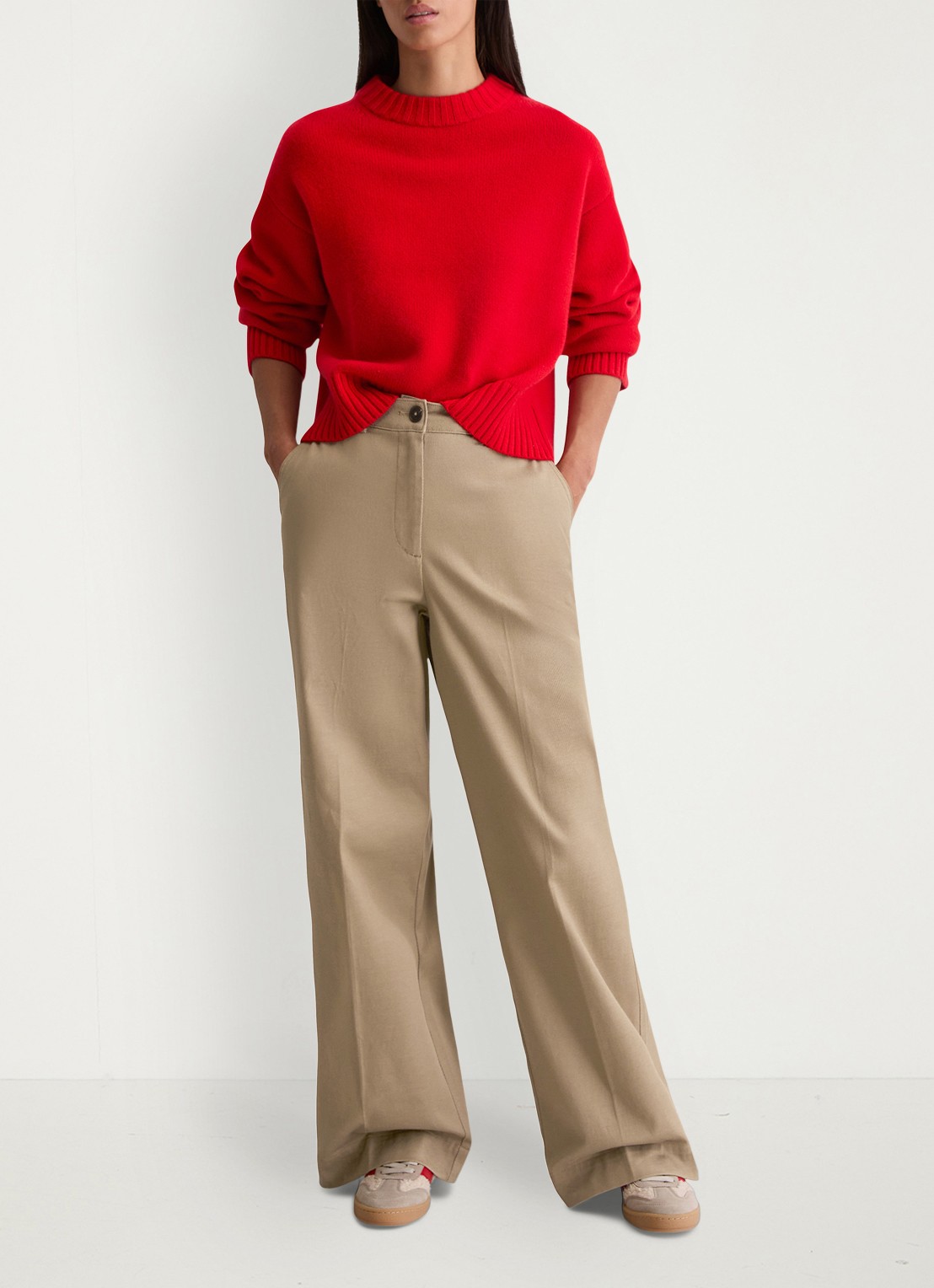 Marc O'Polo High waist wide fit pantalon met steekzakken - voorkant 3 beige