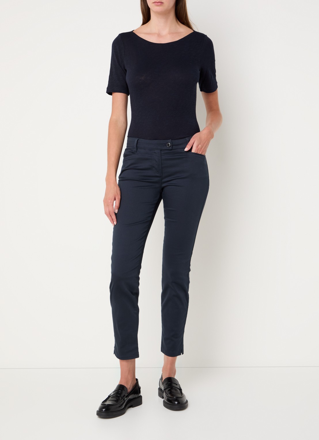 Marc O'Polo Laxa mid waist skinny fit pantalon in  katoenblend - voorkant 2 donkerblauw