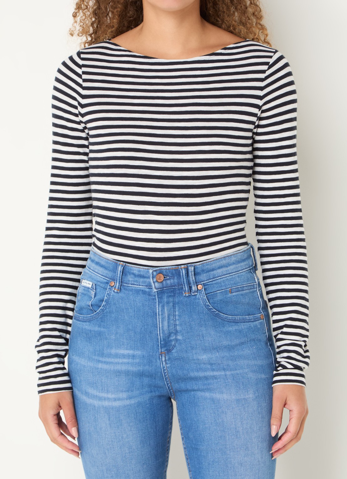 Marc O'Polo Longsleeve met streepprint en boothals - detail 6 donkerblauw