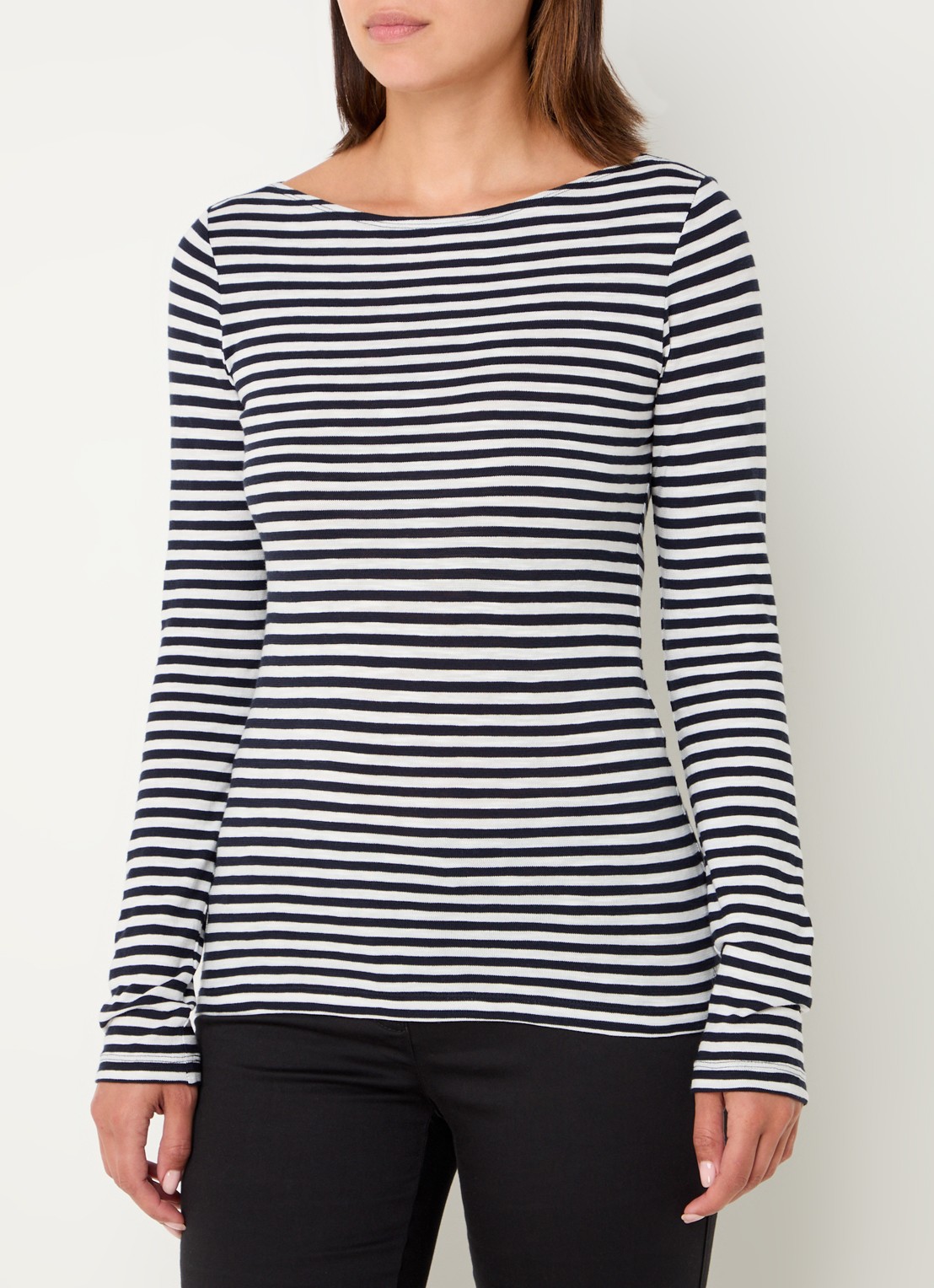 Marc O'Polo Longsleeve met streepprint en boothals - detail 7 donkerblauw