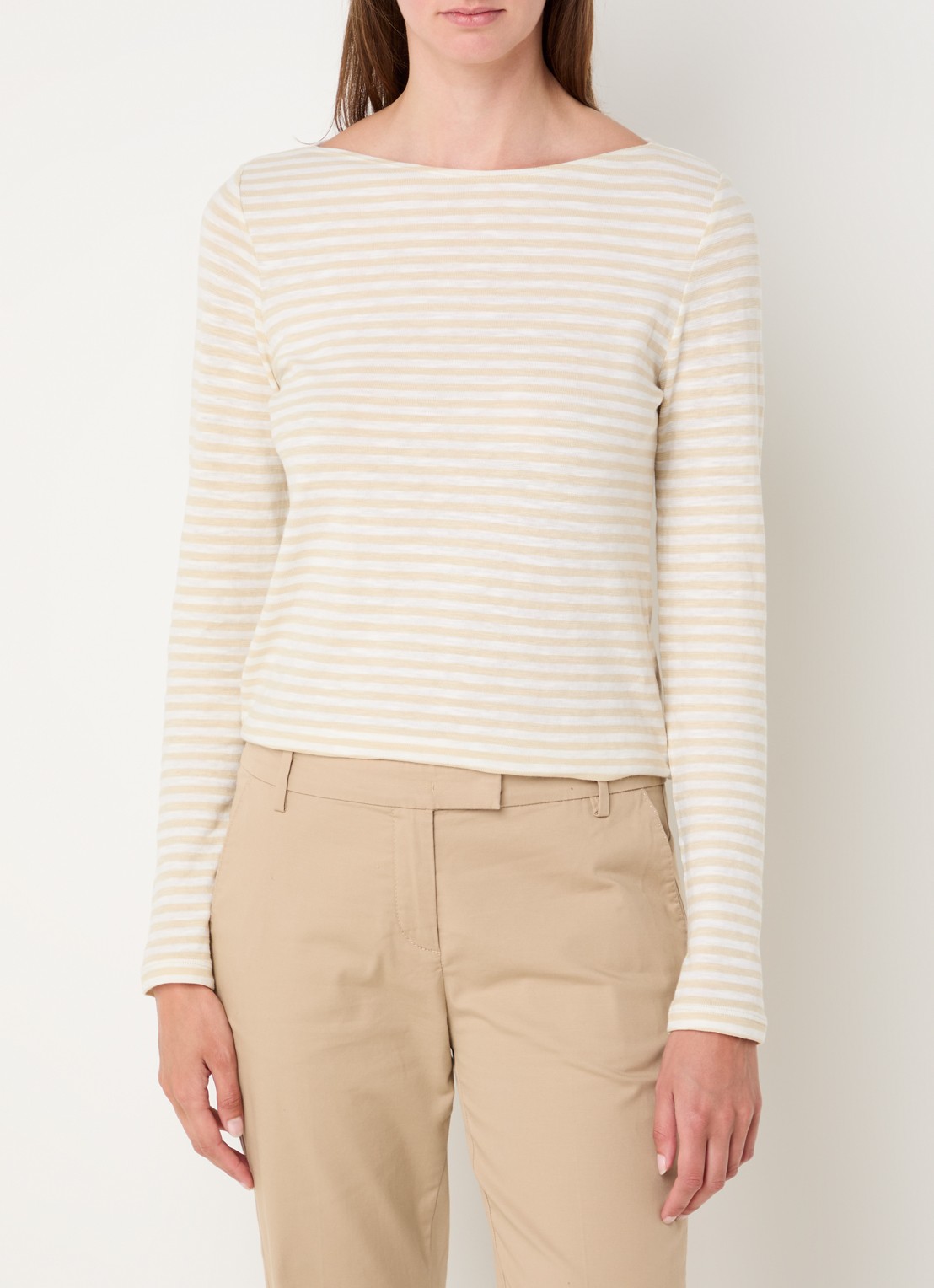 Marc O'Polo Longsleeve met streepprint en boothals - detail gebroken wit