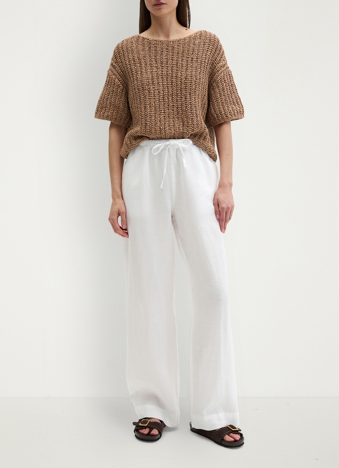 Marc O'Polo Loose fit palazzo broek van linnen met steekzakken - voorkant 2 white-0163 / wit