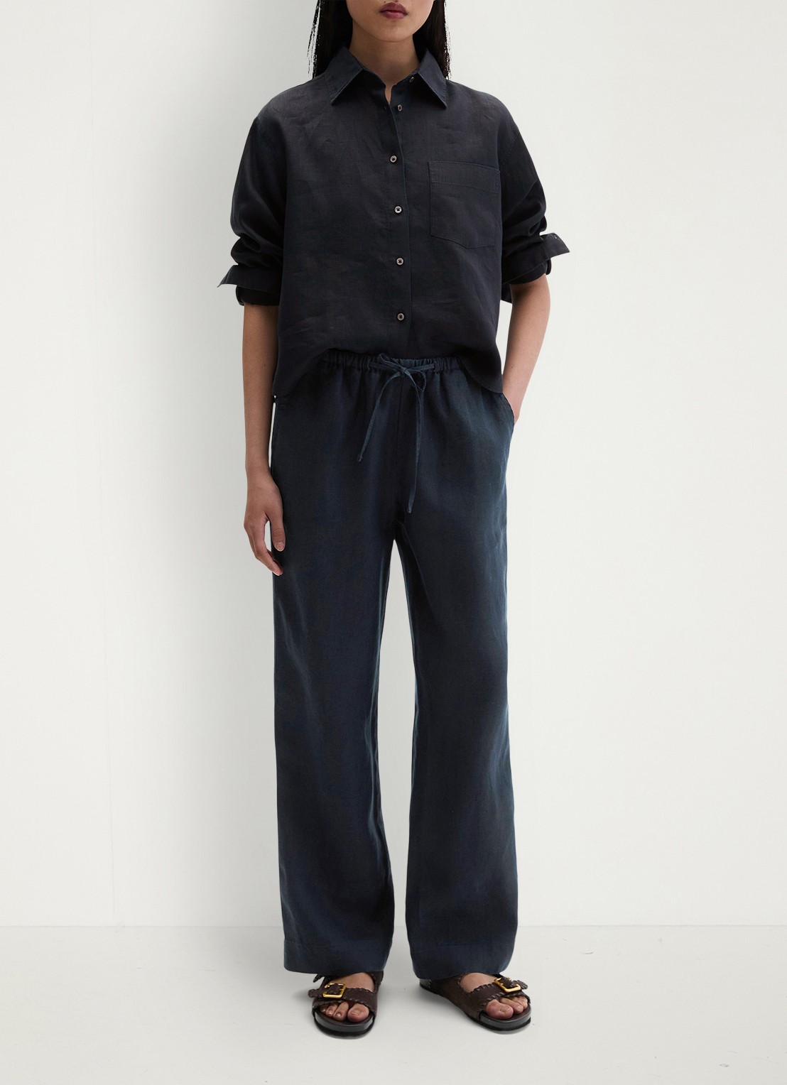 Marc O'Polo Loose fit palazzo broek van linnen met steekzakken - voorkant deep night blue-4300 / blauw