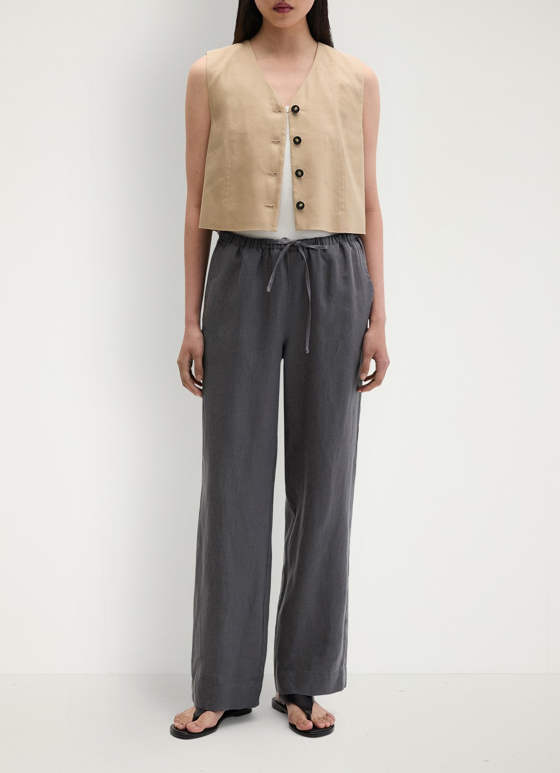 Marc O'Polo Loose fit palazzo broek van linnen met steekzakken - voorkant oxide grey-0364 / grijs