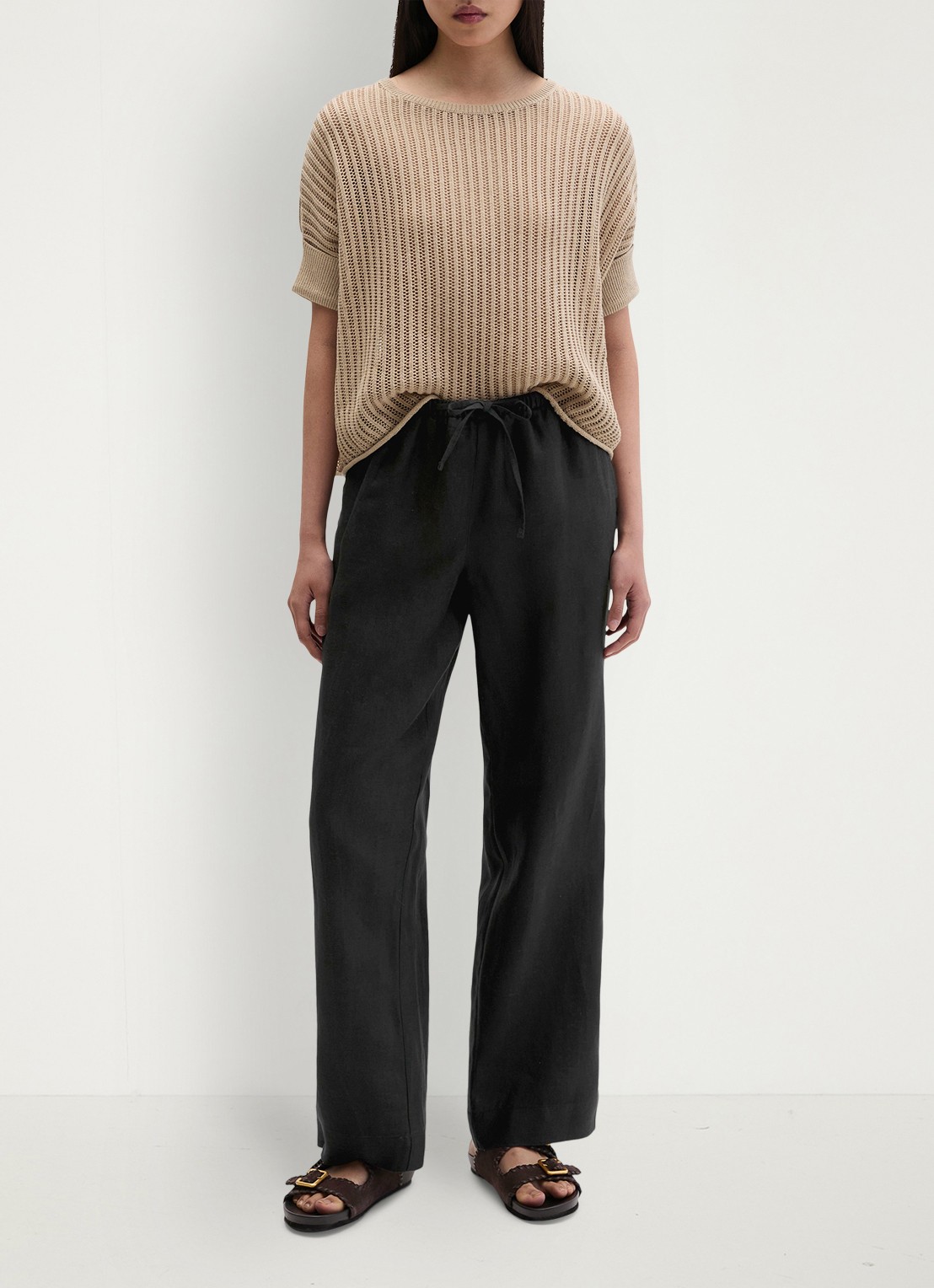 Marc O'Polo Loose fit palazzo broek van linnen met steekzakken - voorkant black-0001 / zwart