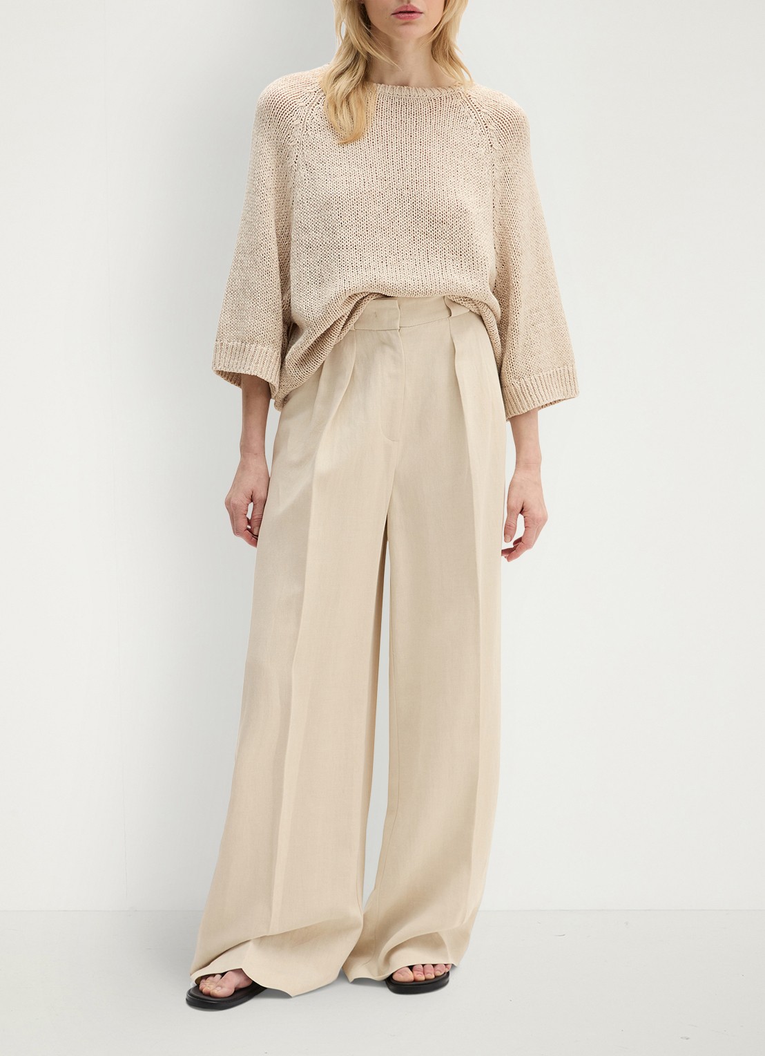 Marc O'Polo Loose fit pantalon in linnenblend  - voorkant 5 beige