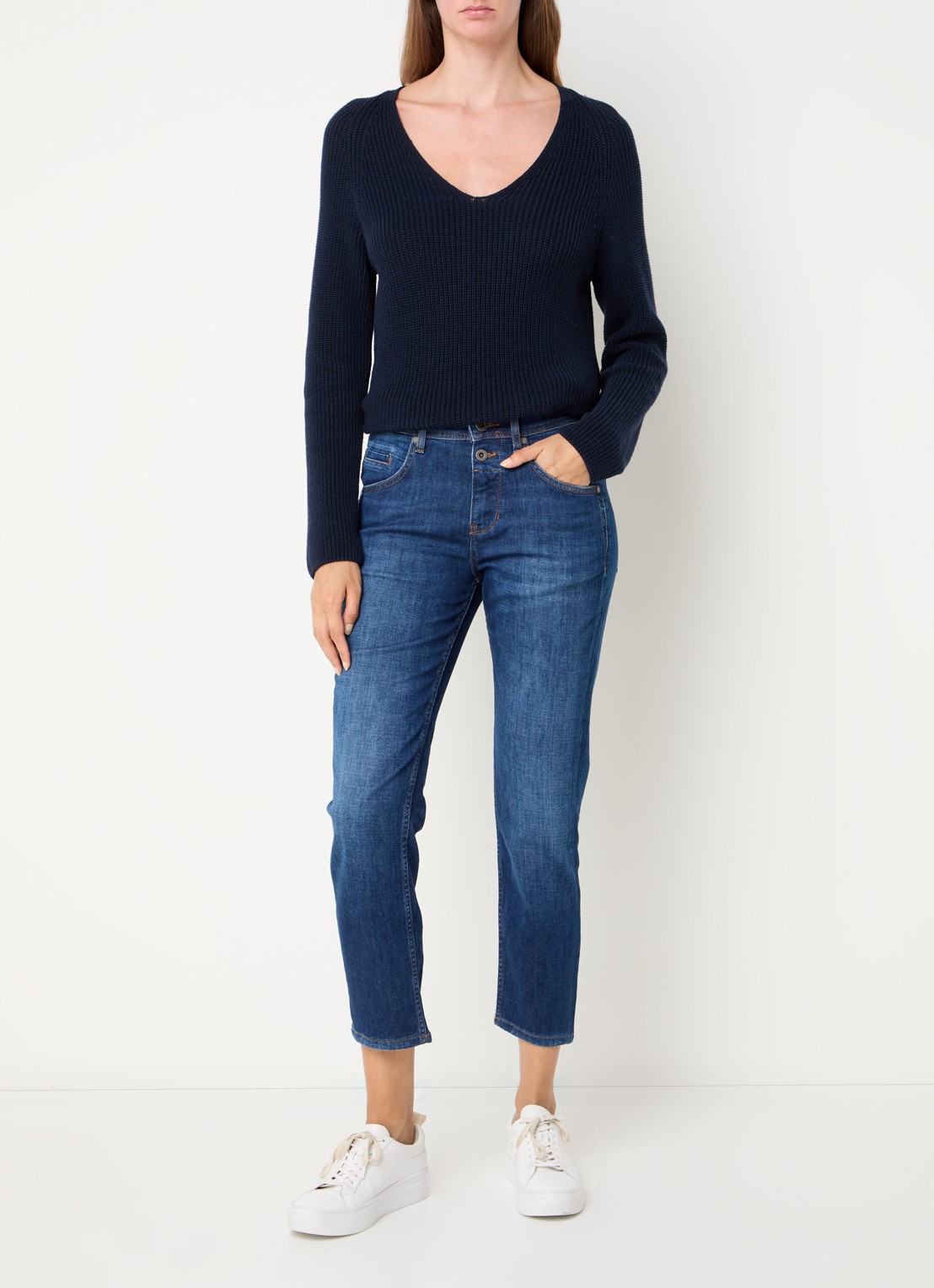 Marc O'Polo Mid waist cropped slim fit jeans met stretch - voorkant 2 indigo