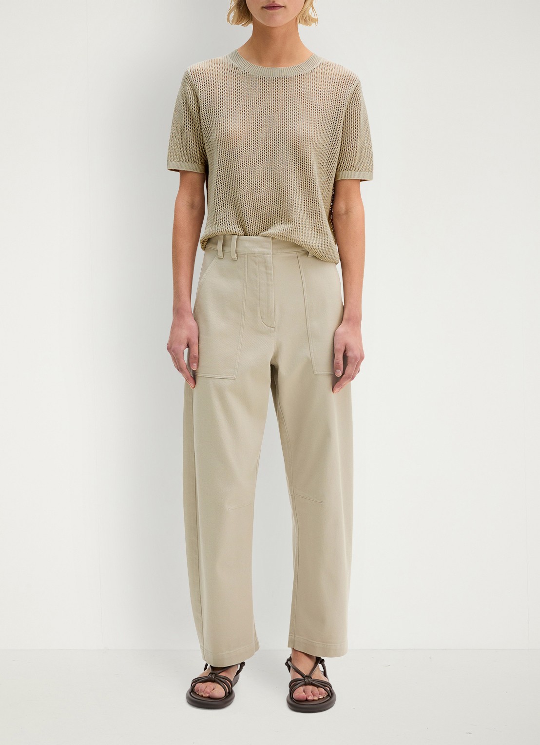 Marc O'Polo  Mid waist straight fit broek met opgestikte zakken - voorkant 3 linen beige / grijs