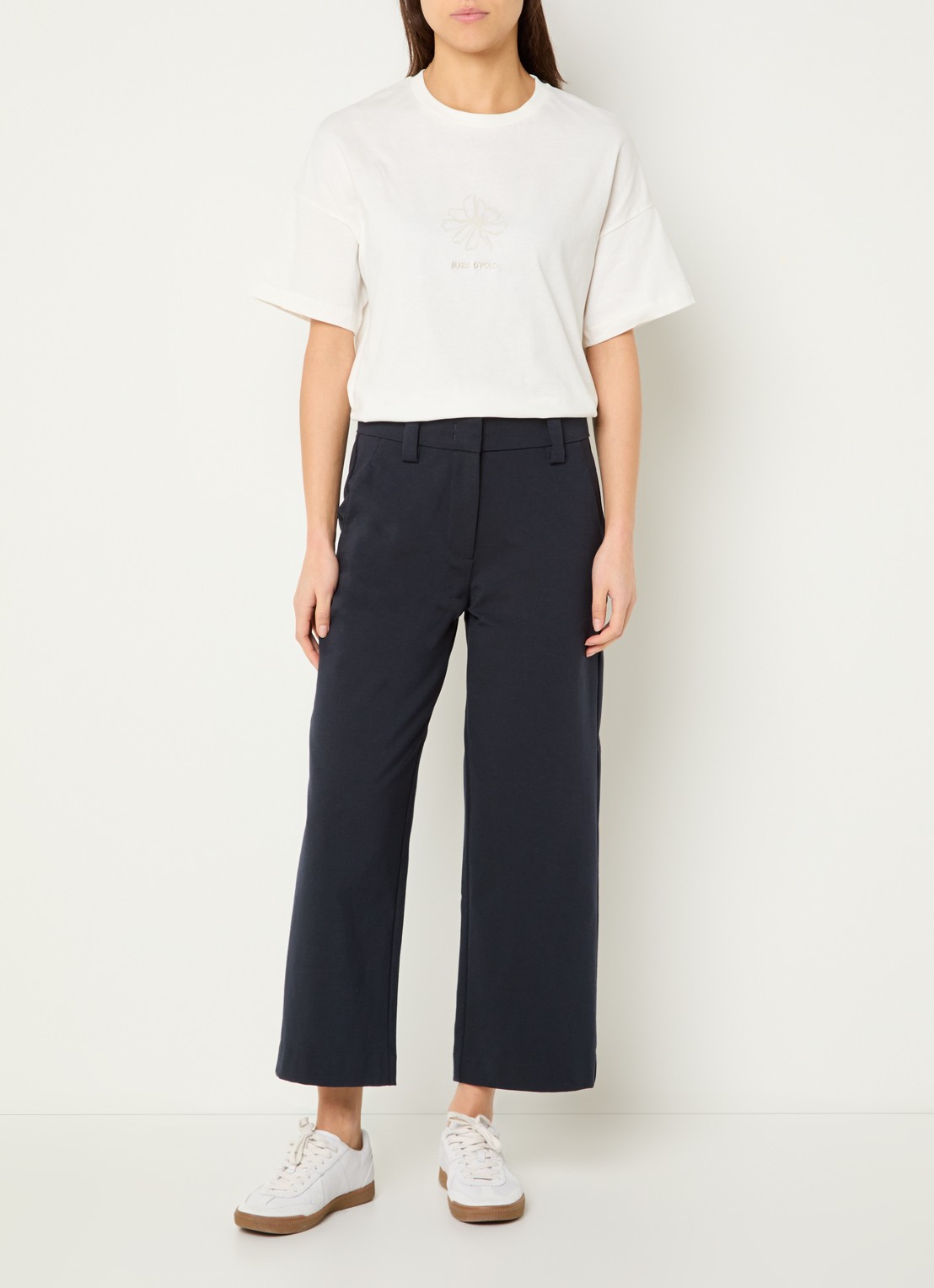 Marc O'Polo Mid waist wide fit culotte van jersey met steekzakken - voorkant 4 donkerblauw