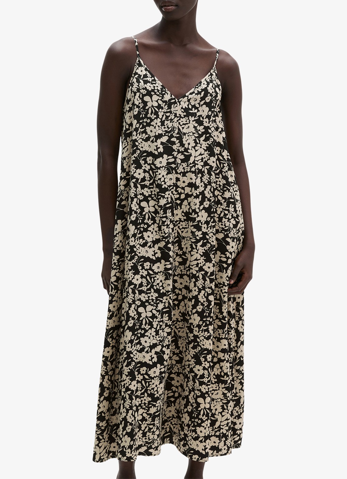 Marc O'Polo Midi jurk met V-hals en bloemenprint - detail 4 black multi 03 / zwart