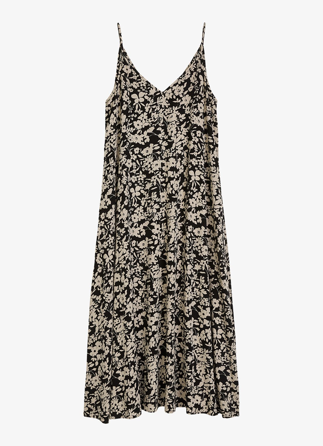 Marc O'Polo Midi jurk met V-hals en bloemenprint - voorkant black multi 03 / zwart