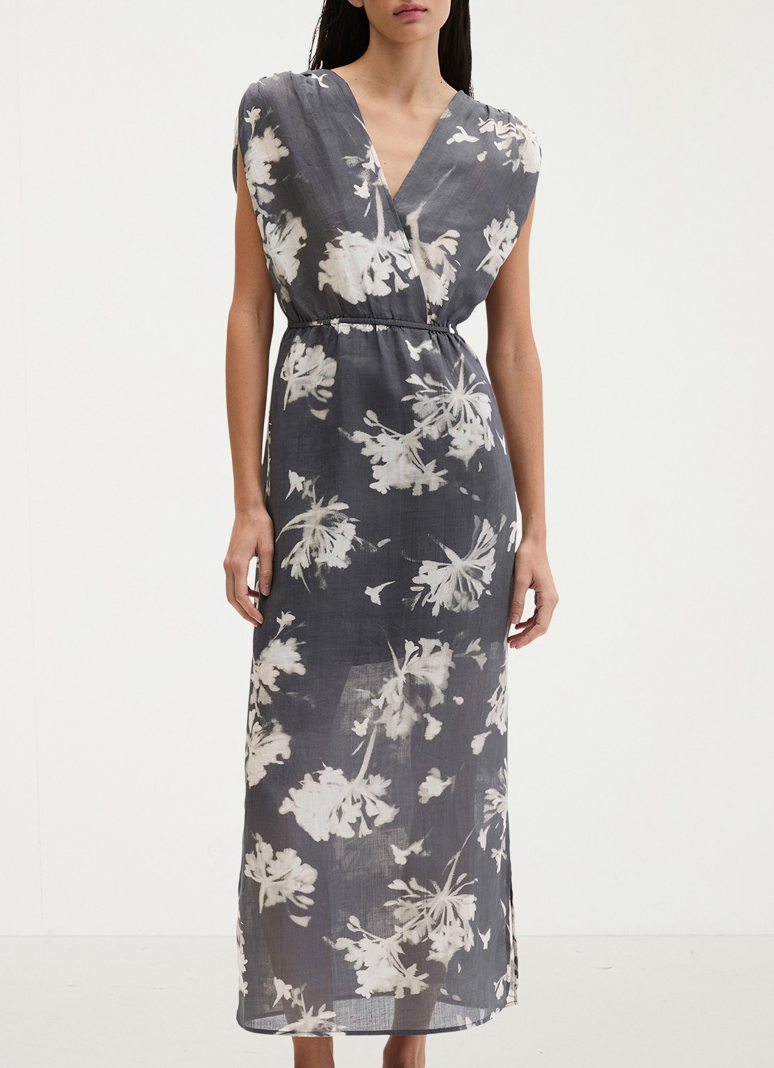 Marc O'Polo Midi jurk met V-hals - detail 2 dark grey_multi_03-0534 / grijs