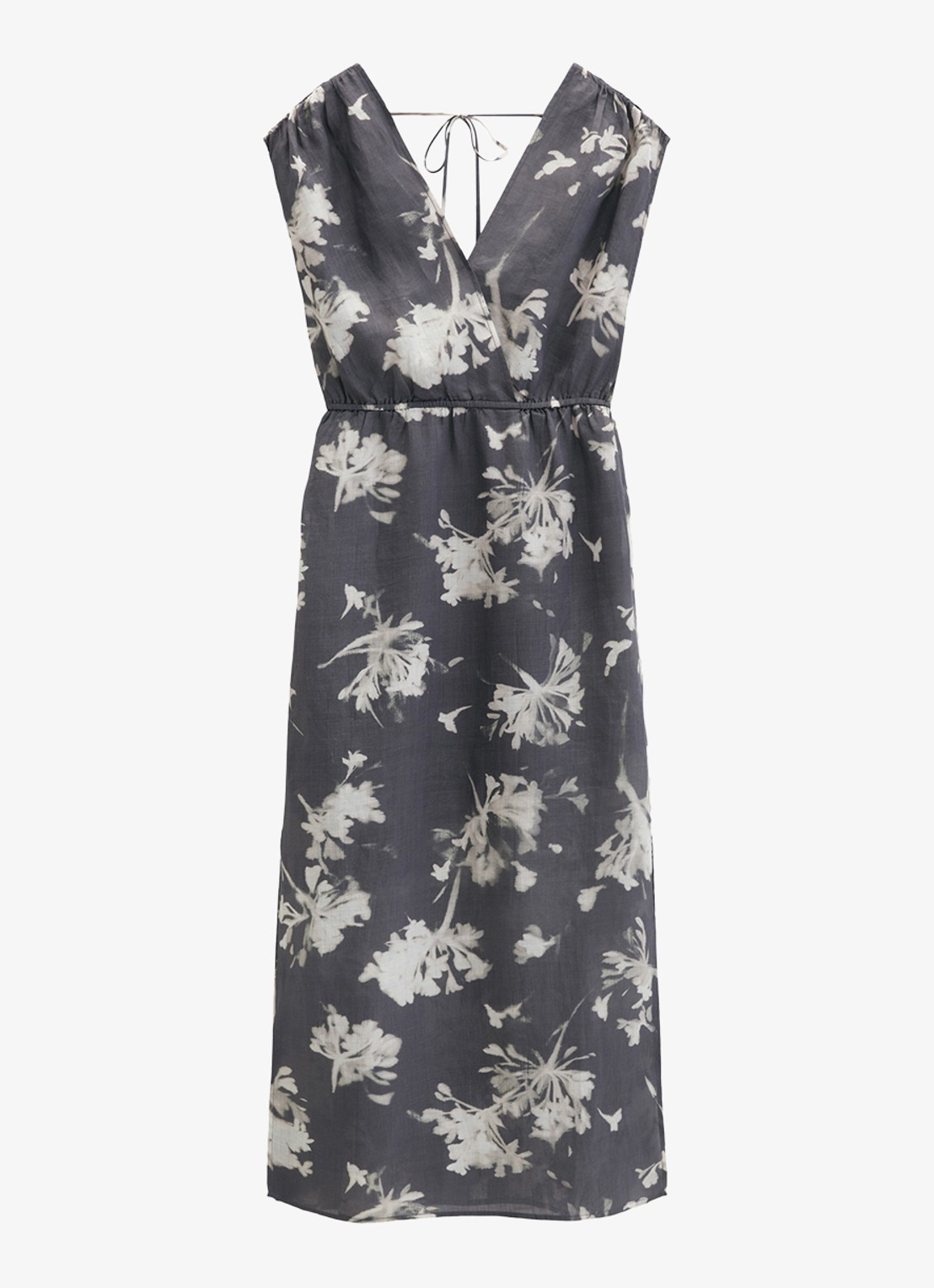 Marc O'Polo Midi jurk met V-hals - voorkant 4 dark grey_multi_03-0534 / grijs