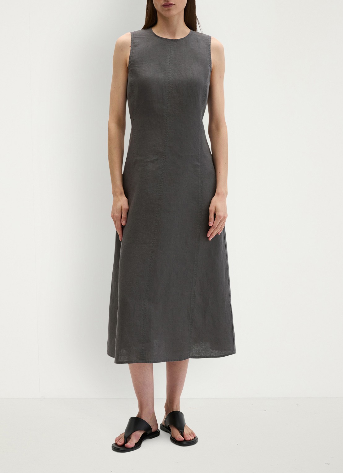 Marc O'Polo Midi jurk van linnen met ronde hals - voorkant 2 oxide grey-0364 / grijs