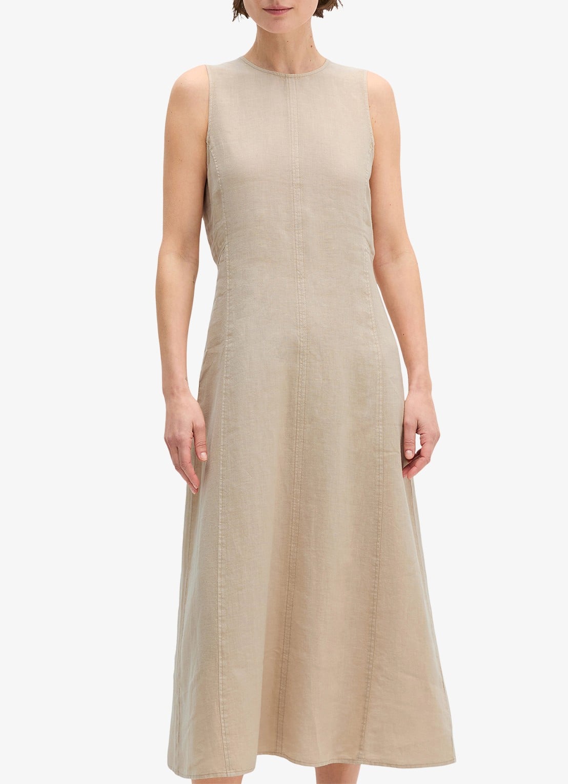 Marc O'Polo Midi jurk van linnen met ronde hals - detail 3 sandpaper-2326 / beige