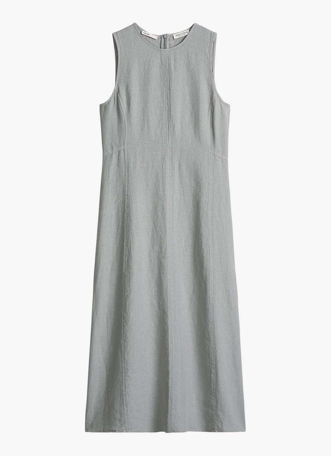 Marc O'Polo Midi jurk van linnen met ronde hals - voorkant 4 quiet sea-0639 / blauw