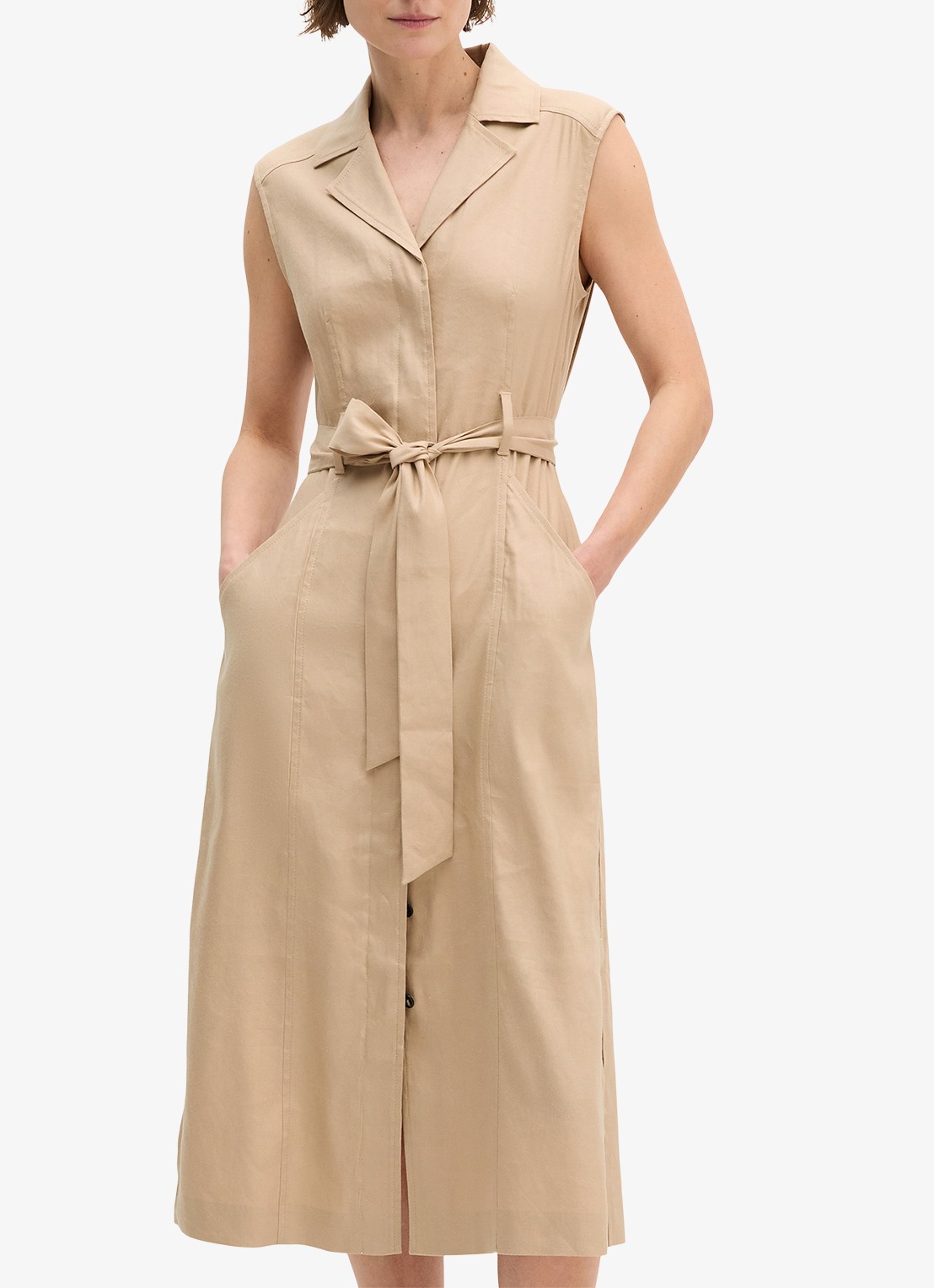 Marc O'Polo Midi mouwloze jurk in linnenblend met strikceintuur - detail 2 sandpaper-2326 / beige