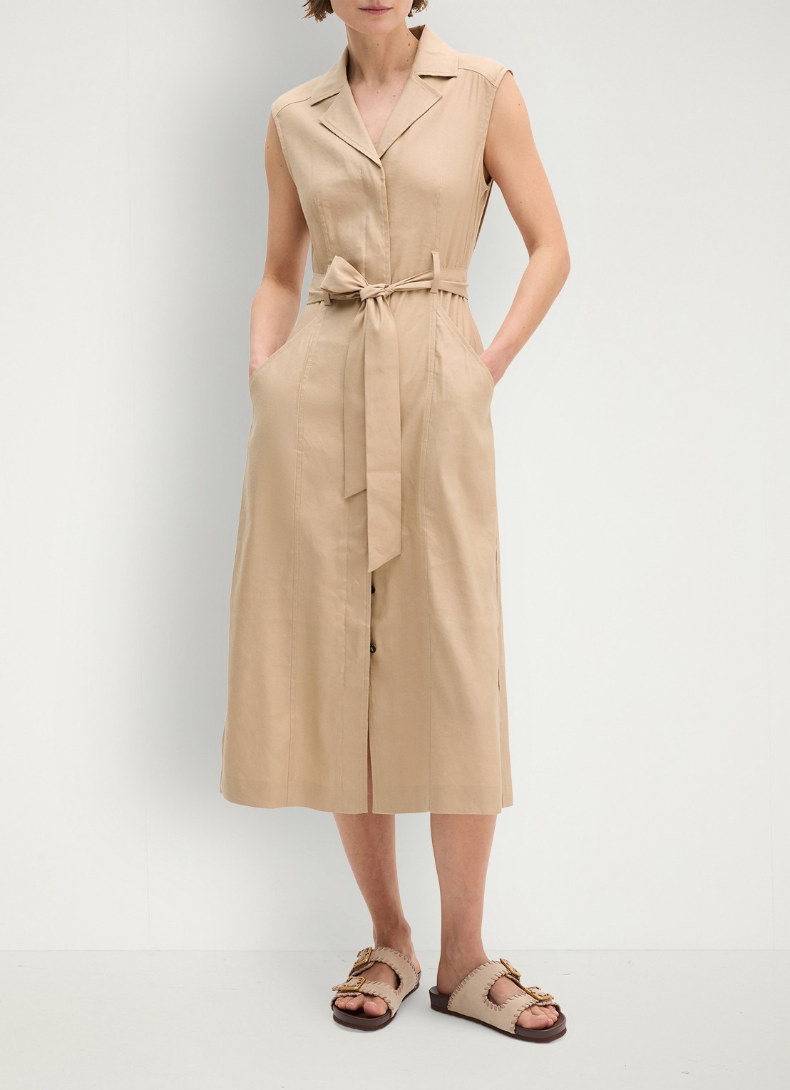 Marc O'Polo Midi mouwloze jurk in linnenblend met strikceintuur - voorkant 5 sandpaper-2326 / beige