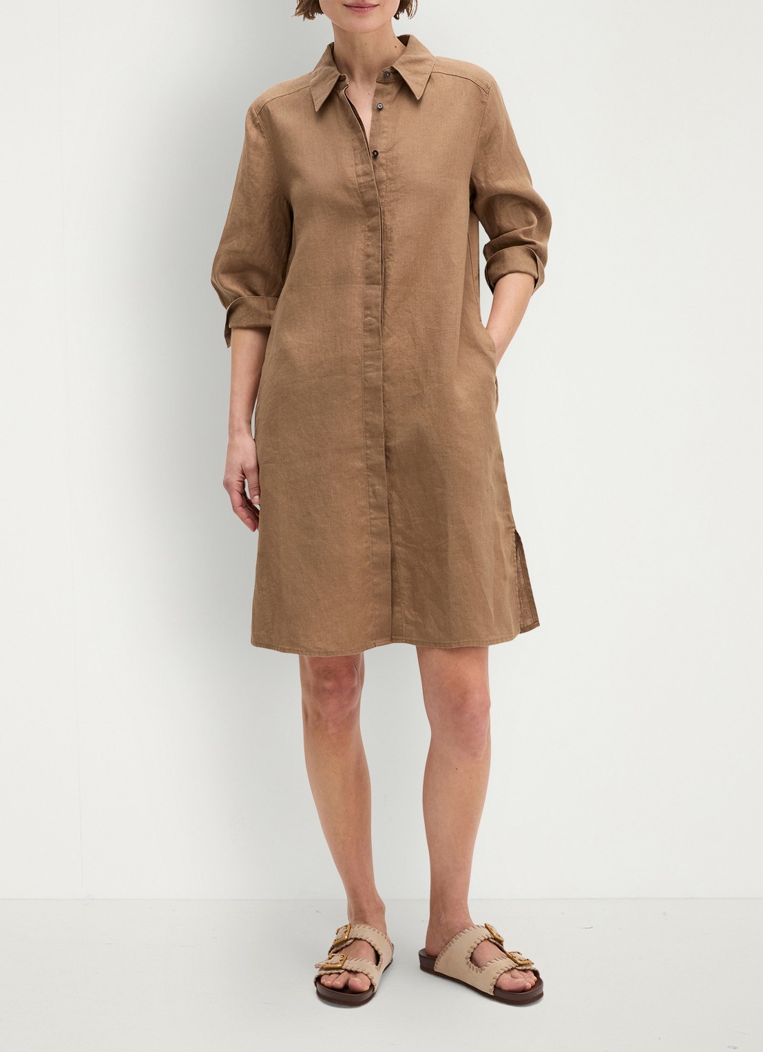 Marc O'Polo Mini blousejurk van linnen met halflange mouw - voorkant 4 burnt brown-1972 / bruin