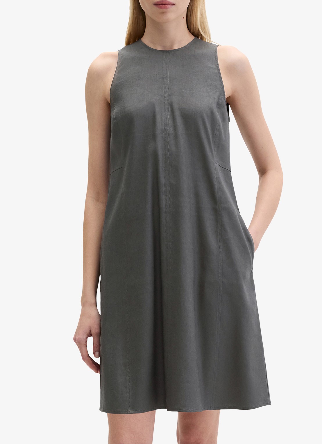 Marc O'Polo Mini jurk in linnenblend met ronde hals - detail 4 oxide grey-0364 / grijs
