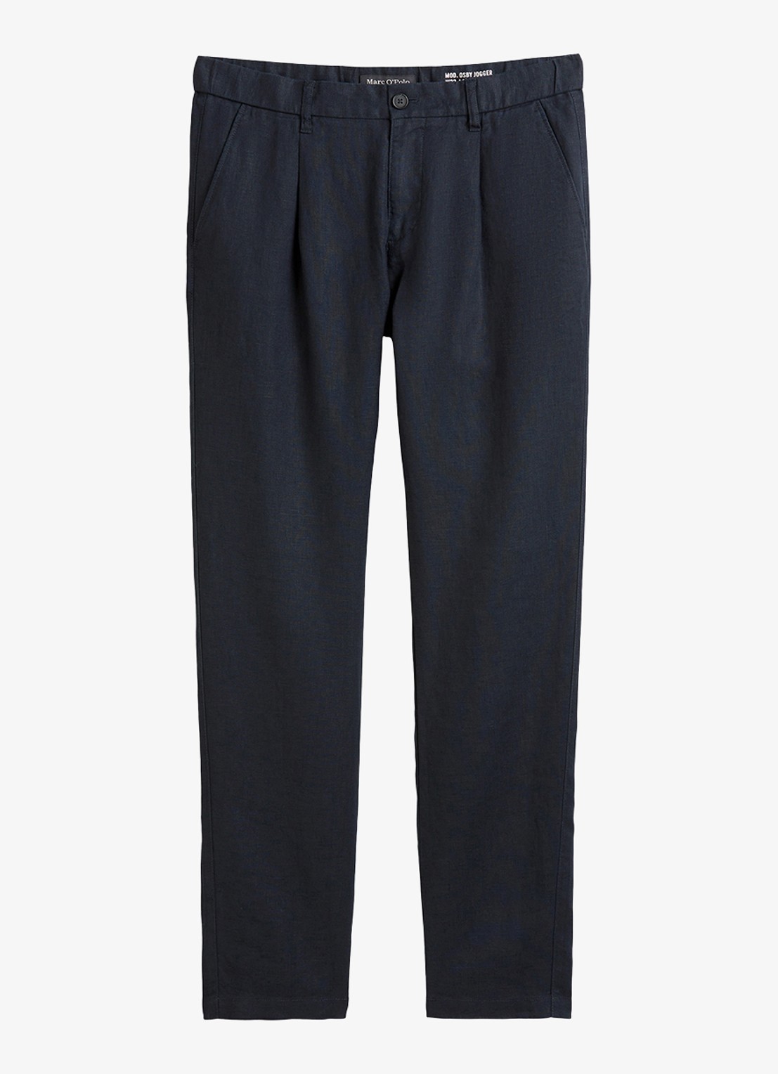 Marc O'Polo Osby tapered fit chino van linnen met plooidetail - voorkant donkerblauw
