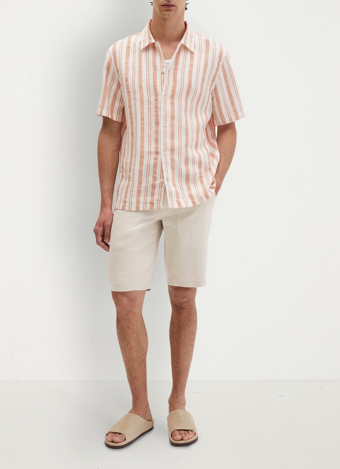 Marc O'Polo Overhemd in linnenblend met streepprint - voorkant medium orange 39-9467 / oranje