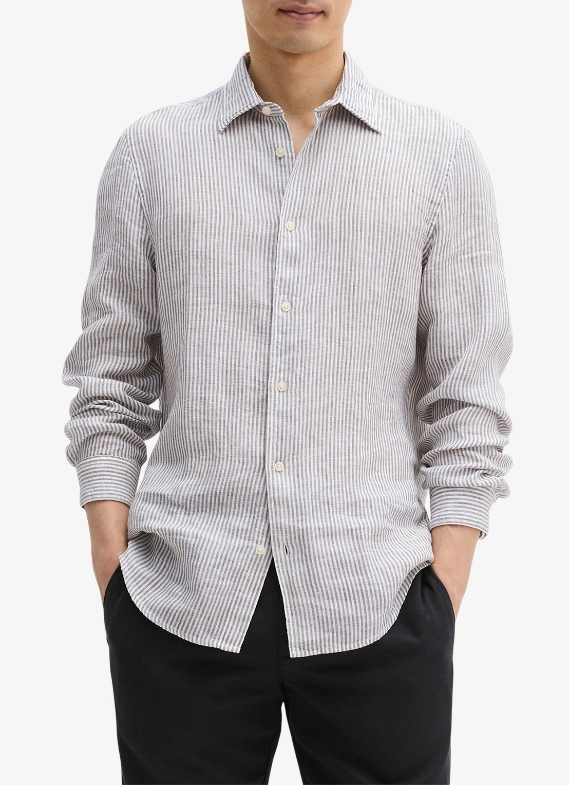 Marc O'Polo Overhemd van linnen met streepprint - detail medium grey-0869 / grijs