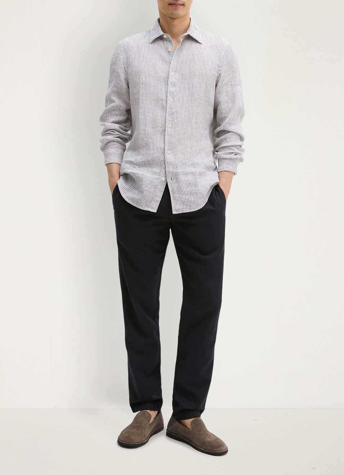Marc O'Polo Overhemd van linnen met streepprint - voorkant 4 medium grey-0869 / grijs