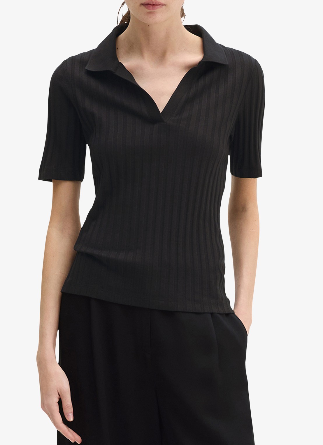 Marc O'Polo Pointelle polo met korte mouw - detail 4 black / zwart
