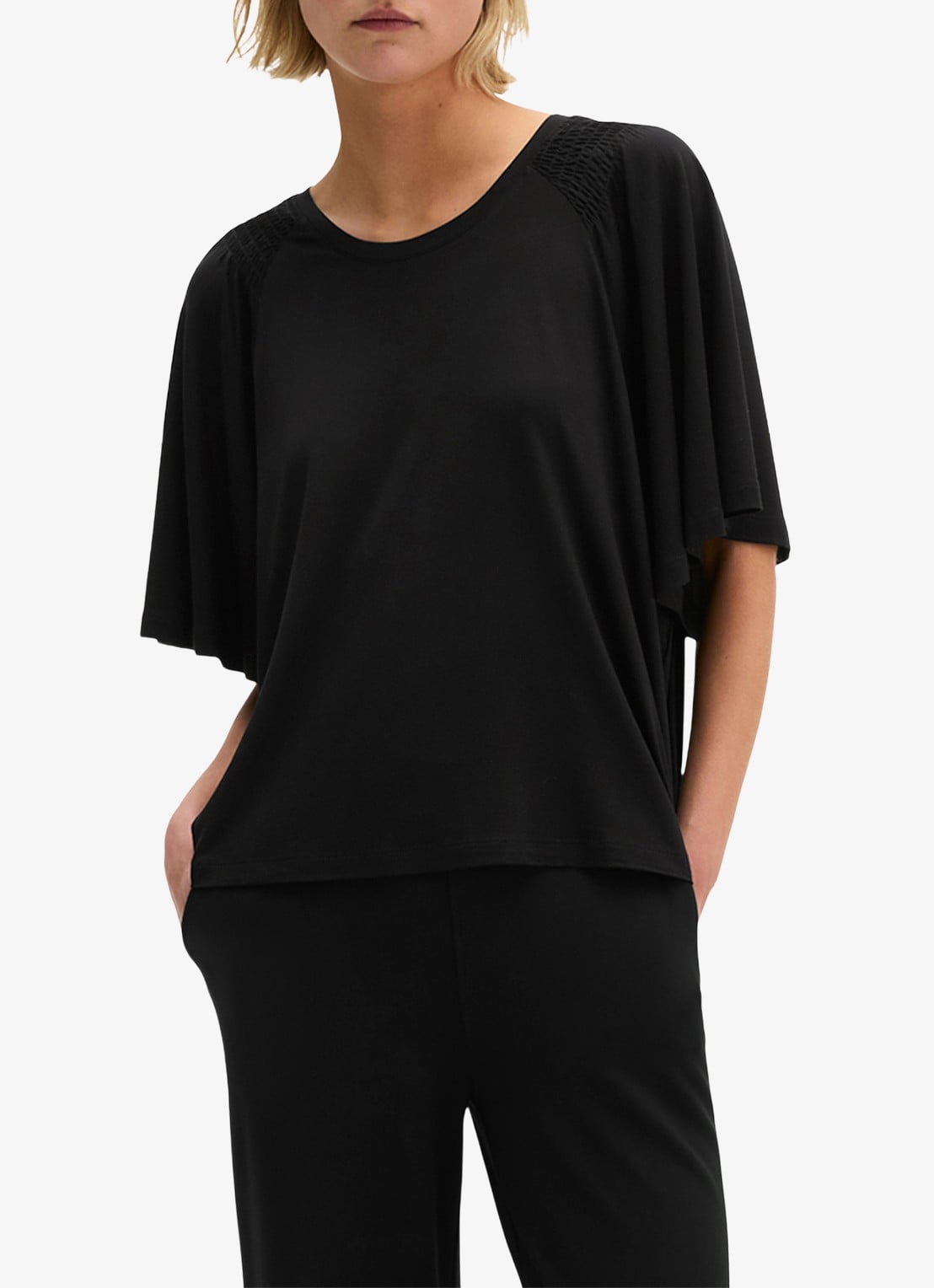 Marc O'Polo Relaxte T-shirt blouse met smockwerk - detail 4 black / zwart