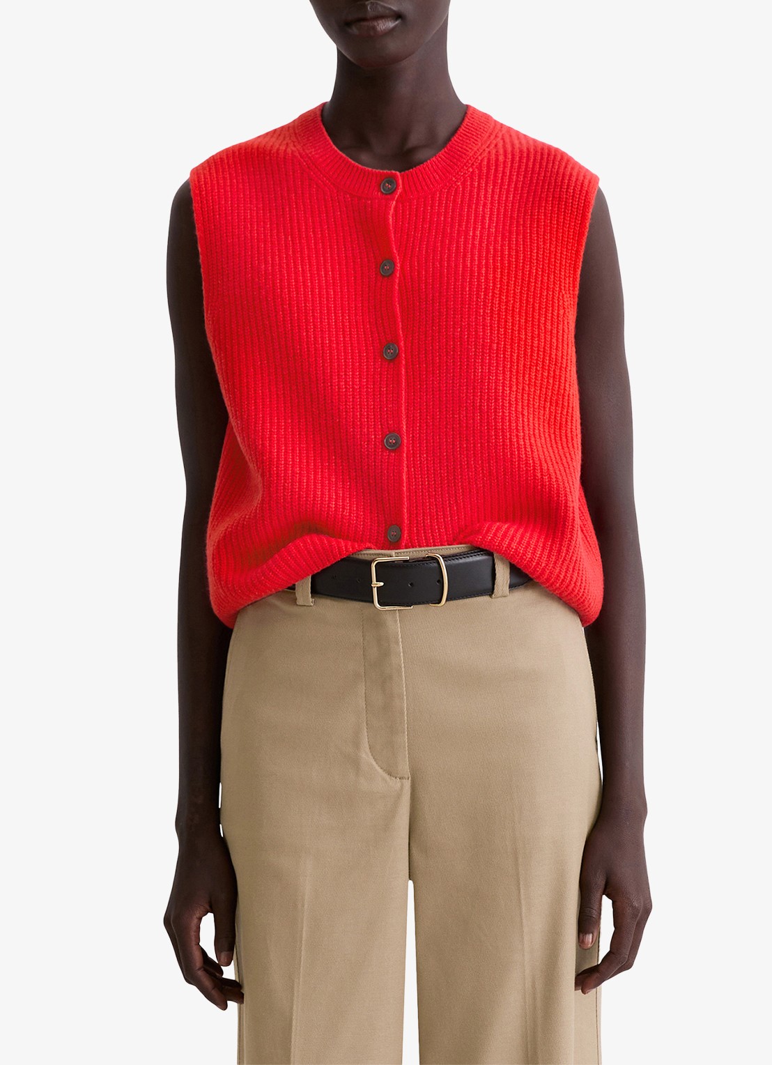 Marc O'Polo Ribgebreid vest in wolblend - detail 2 koraalrood
