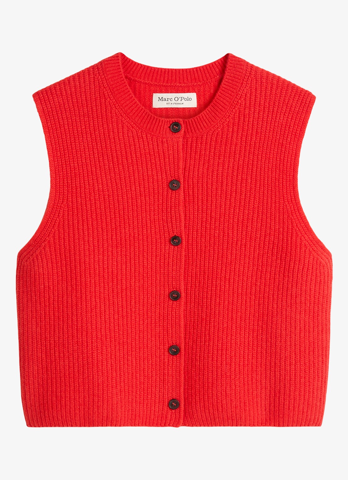 Marc O'Polo Ribgebreid vest in wolblend - voorkant 4 koraalrood