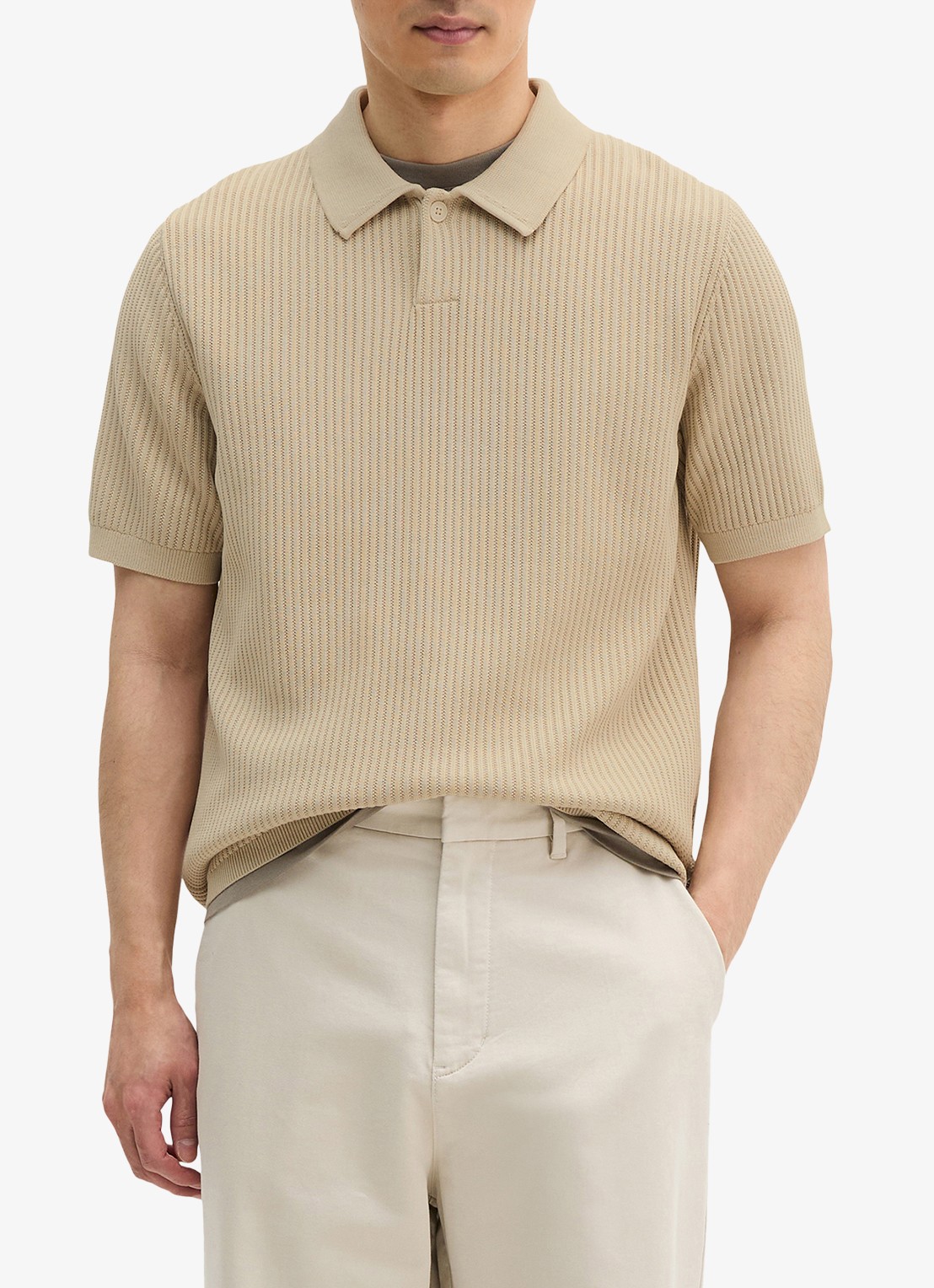 Marc O'Polo Ribgebreide polo  - detail 3 beige