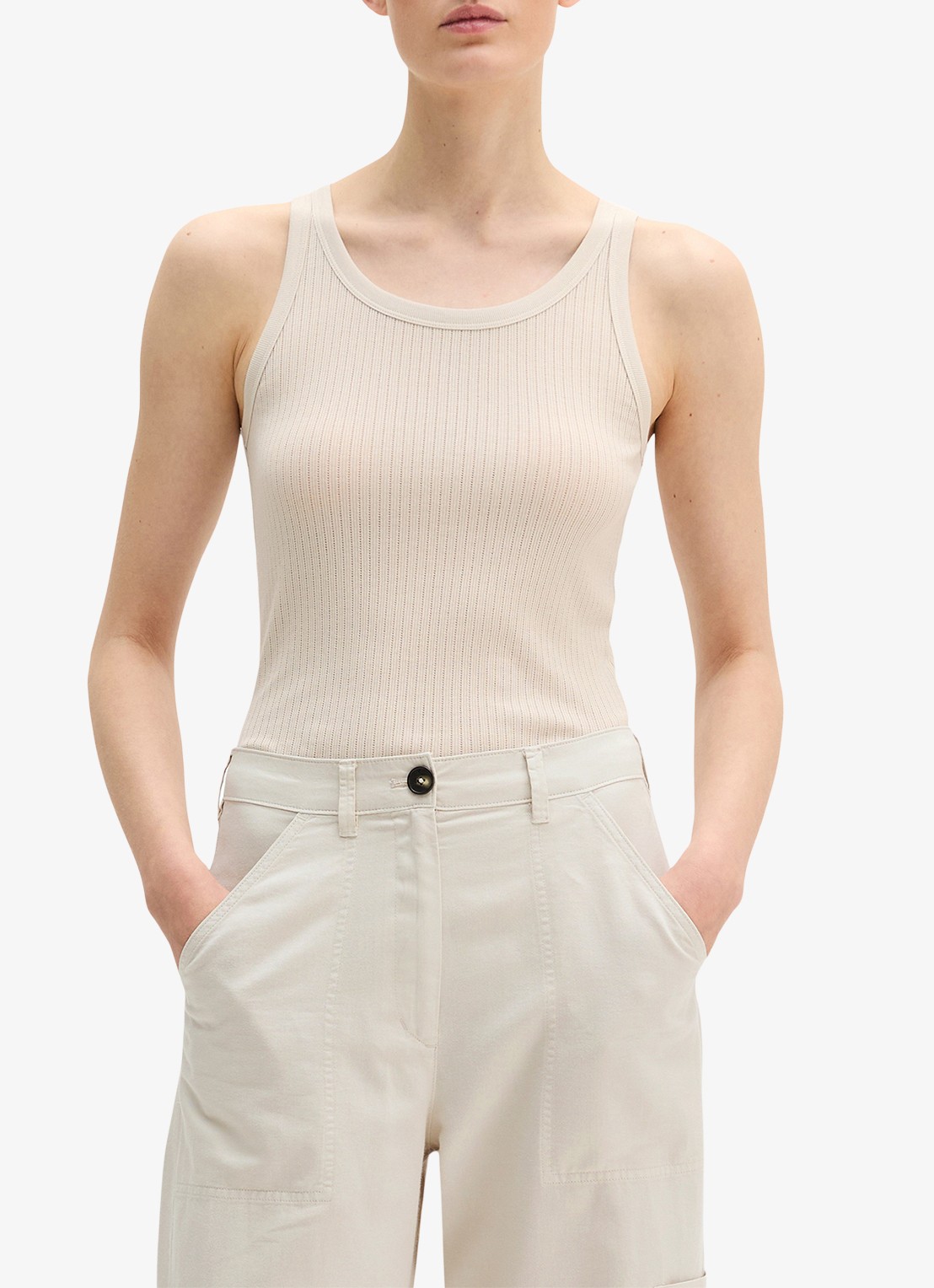Marc O'Polo Ribgebreide tanktop met ronde hals - detail beige