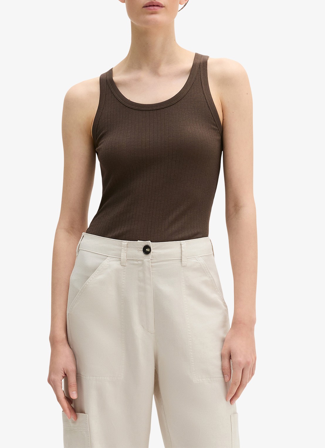 Marc O'Polo Ribgebreide tanktop met ronde hals - detail 4 donkerbruin