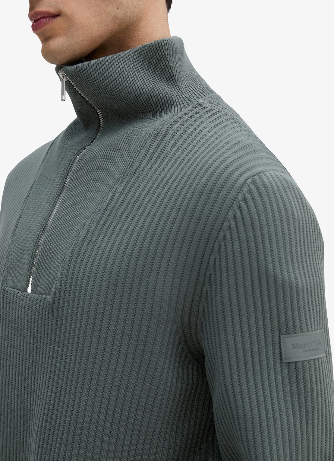 Marc O'Polo Ribgebreide trui met halve rits - detail 3 groen