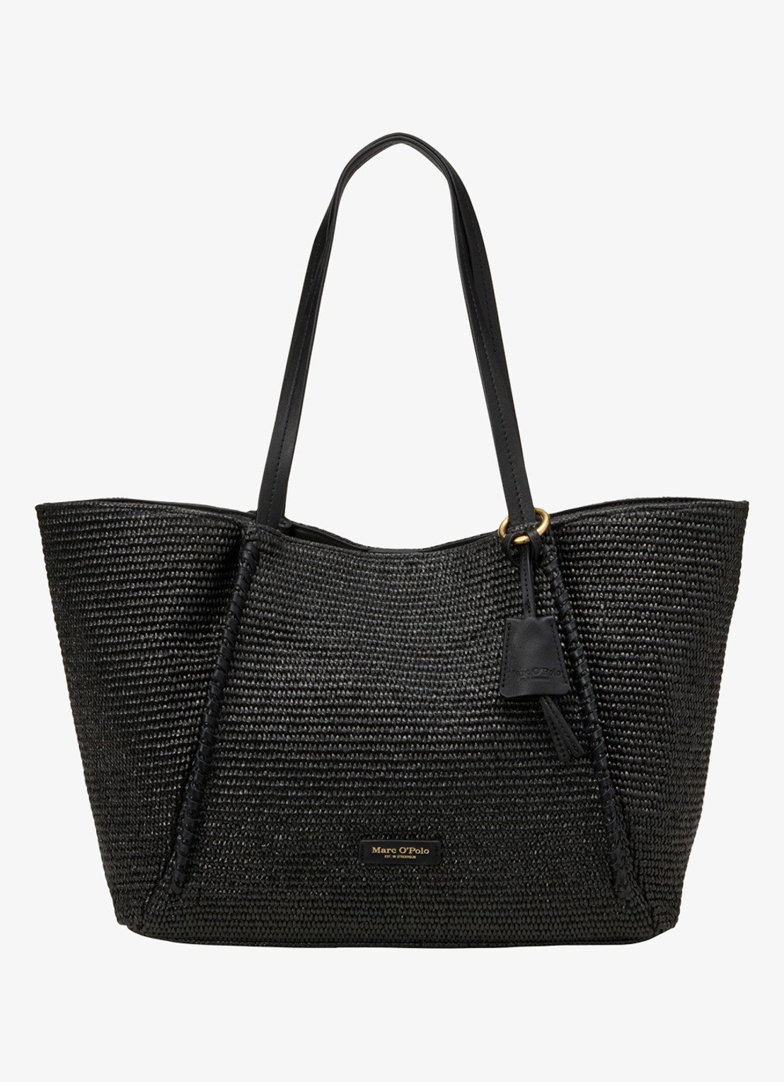 Marc O'Polo Shopper van raffia met leren details - voorkant 4 black / zwart