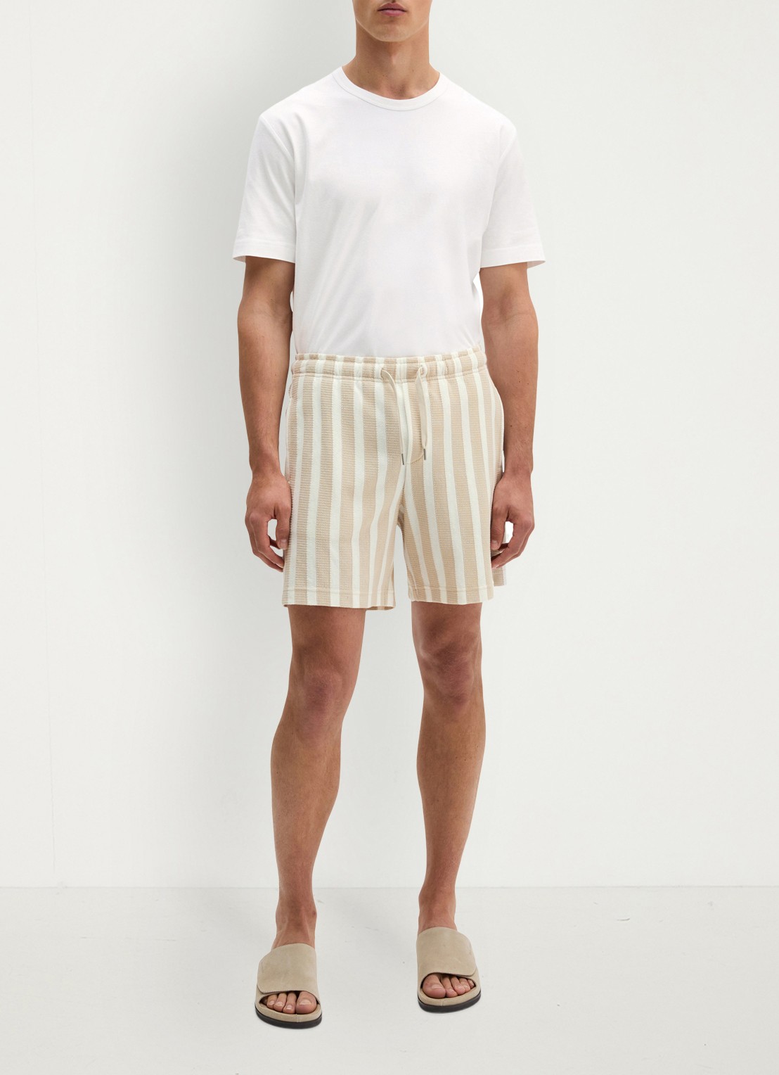 Marc O'Polo Straight fit korte broek met streepprint - voorkant 2 light beige 01-2673 / beige