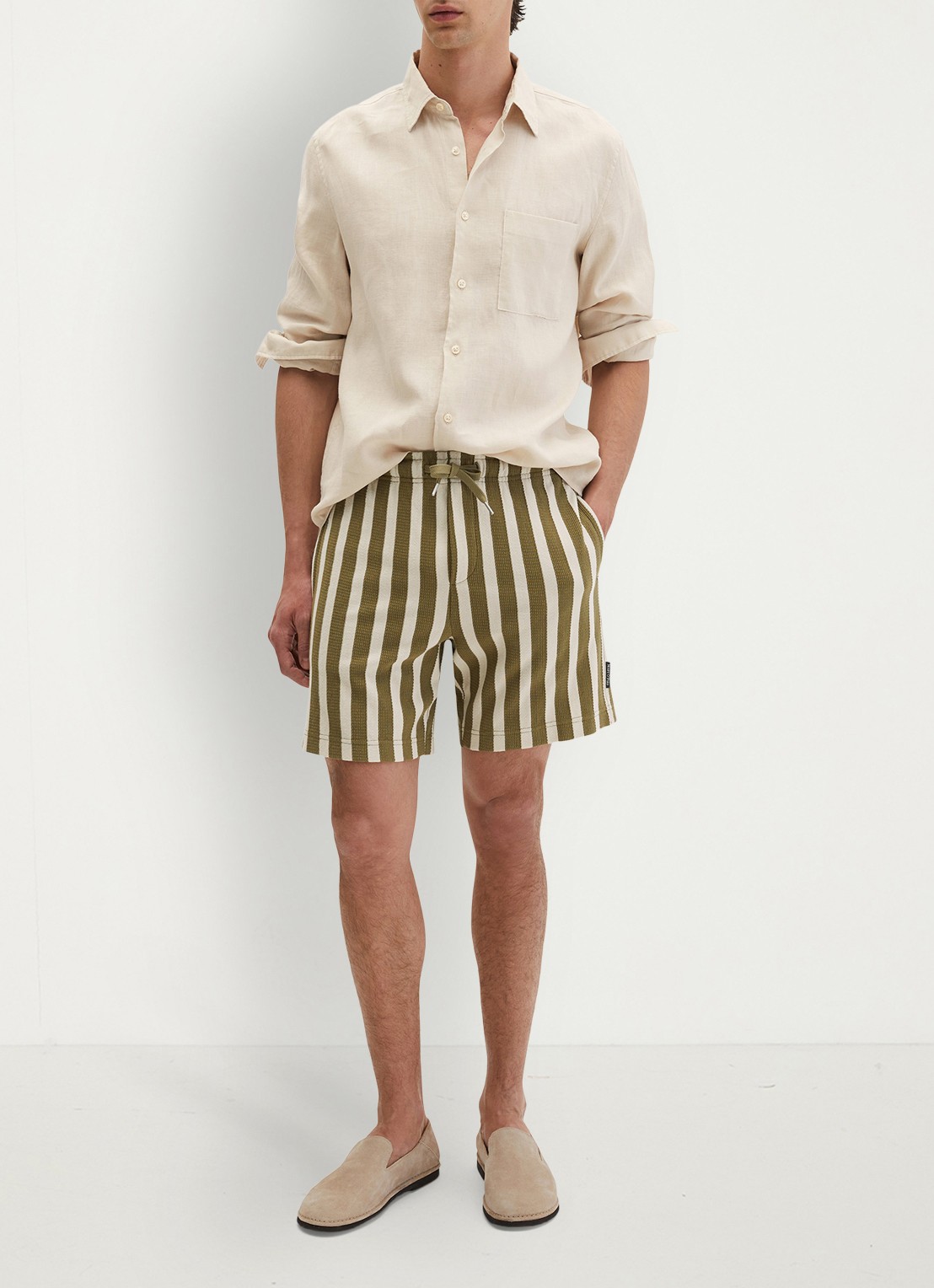 Marc O'Polo Straight fit korte broek met streepprint - voorkant 5 medium green 01-3493 / groen
