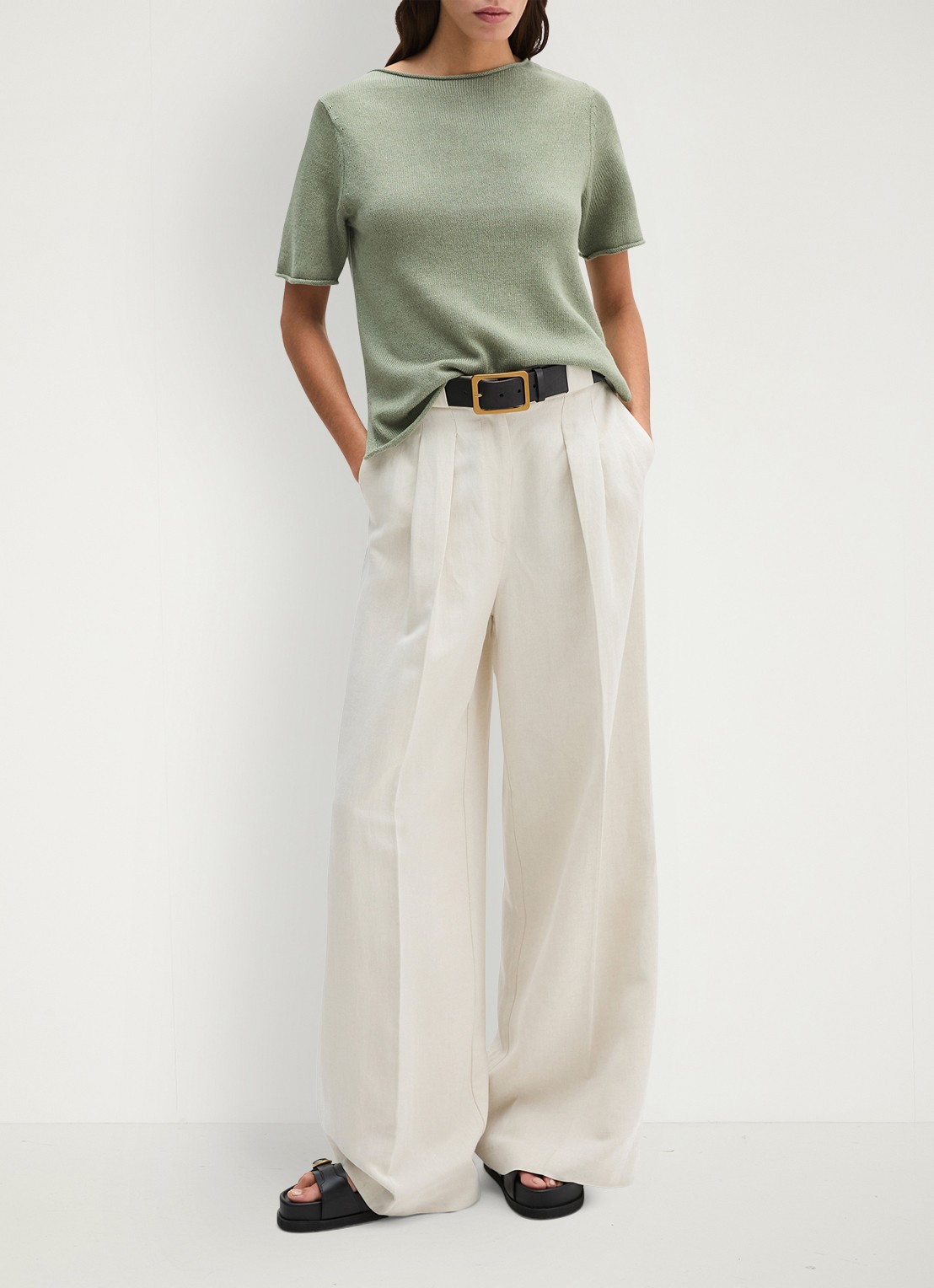 Marc O'Polo T-shirt in linnenblend met ronde hals - voorkant 5 lindegroen
