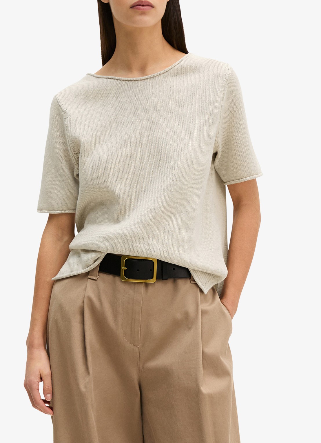 Marc O'Polo T-shirt in linnenblend met ronde hals - detail grijs