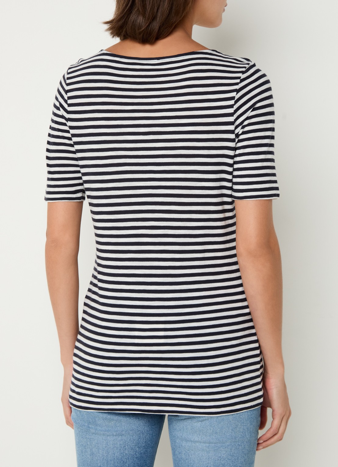 Marc O'Polo T-shirt met boothals en streepprint - achterkant 3 donkerblauw