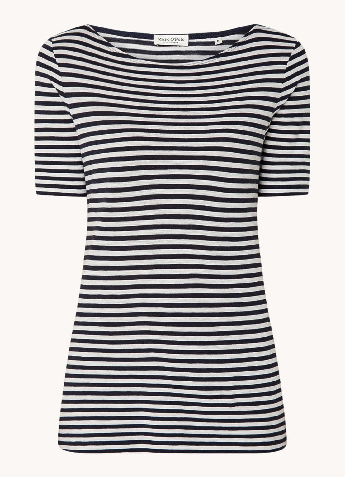 Marc O'Polo T-shirt met boothals en streepprint - voorkant donkerblauw