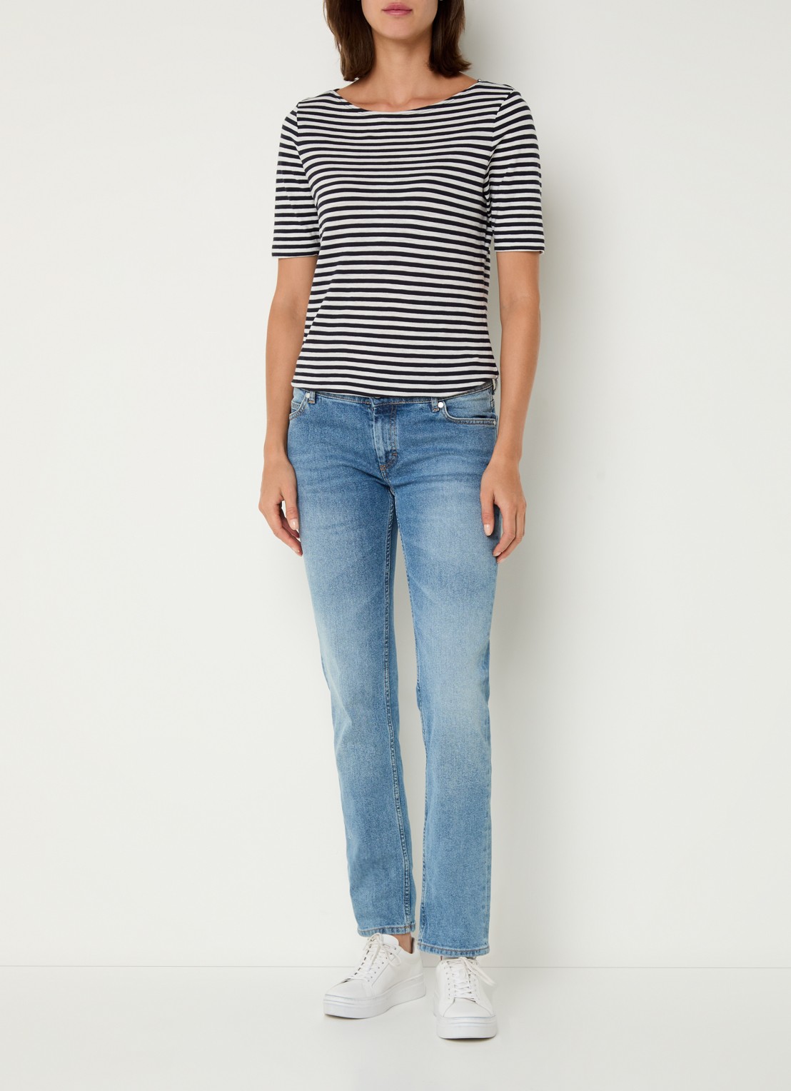 Marc O'Polo T-shirt met boothals en streepprint - voorkant 2 donkerblauw